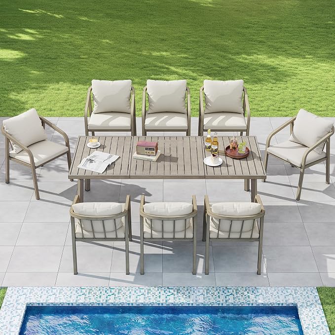 82"×35" Never-Rust Aluminum Outdoor Dining Table – Rectangular Patio Table for 8 Person with Umbrella Hole, Heavy Duty All-Weather for Poolside, Garden, Backyard, Porch, Deck, Gray Oak