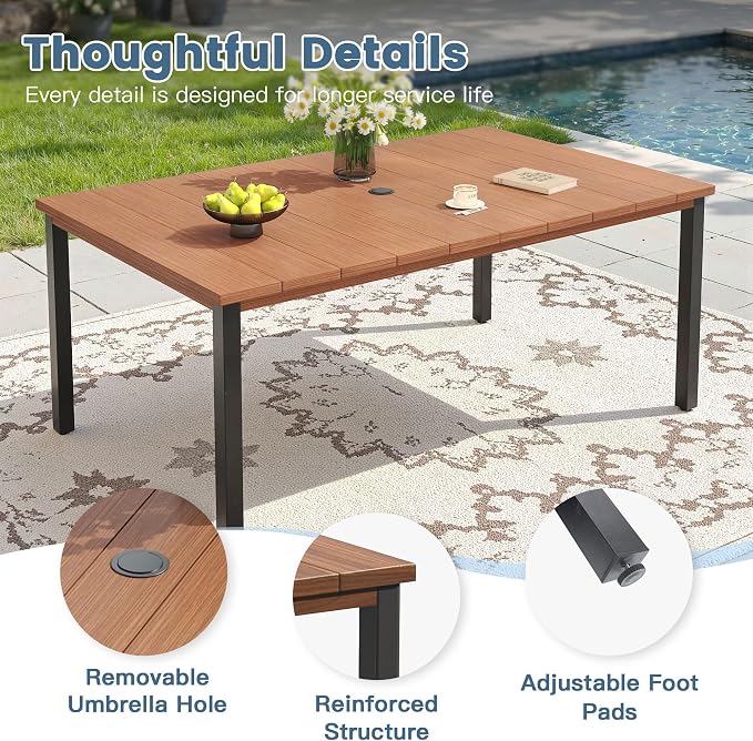 DIFY 7 Piece Outdoor Dining Set, 63" Walnut Rectangle Metal Patio Table and Brown Textilene Stackable Chairs for 6, All Weather Patio Furniture Set with Umbrella Hole for Backyard Garden Deck