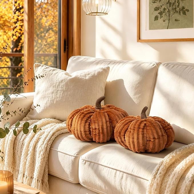 AELS Pumpkin Throw Pillows Set of 2, 14" & 10" Cinnamon Fall Pillows | for Couch Sofa Bed Living Room Home Decor, Farmhouse 3D Fall Halloween Thanksgiving Decorative Accent Pillows