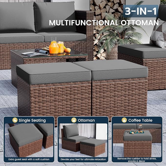Amopatio Patio Furniture Set,All-Weather Wicker Outdoor Conversation Set with Glass Coffee Table, Cushions & Ottomans for Deck Backyard Porch Lawn Brown/Grey
