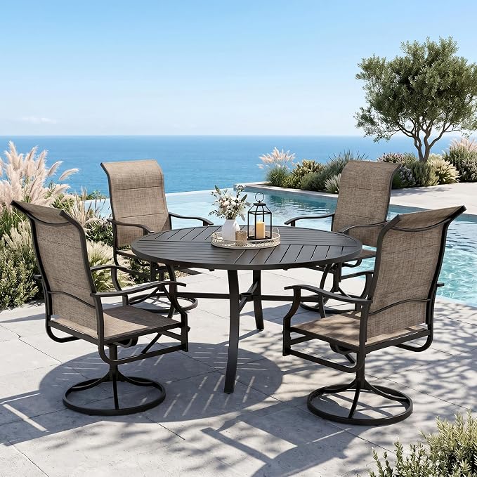 MIXPATIO 5 Pieces Patio Dining Set, Outdoor Table and Chairs, 1 x 42 Round Black Table and 4 x Textilene 360-Degree Swivel Dining Chairs with 15° Rocking Motion, for Cozy Garden, Grayish Brown
