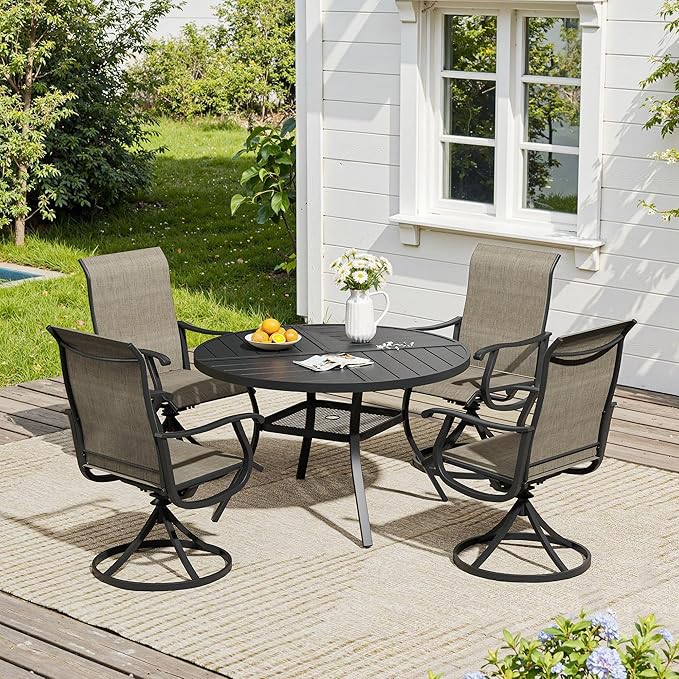 VICLLAX 5 Pieces Patio Dining Set, Patio Furniture Set of 4 Patio Swivel Dining Chairs and 40.6" Patio Spliced Round Tabletop with Storage Shelf, Mixed Brown Chairs & Black Tabletop