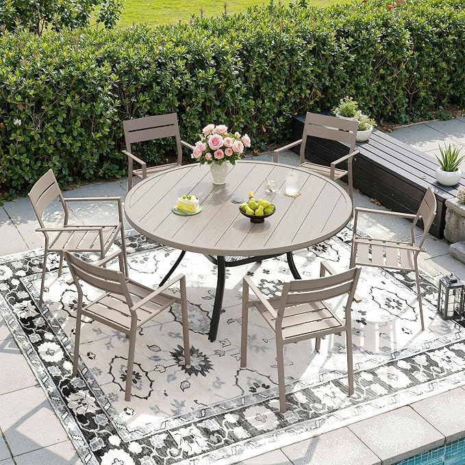 DIFY 7 Piece Outdoor Patio Dining Set for 6, Patio Table and Chairs Set with Umbrella Hole, 47.2" Round Dining Table and Stackable Metal Chairs for Backyard Garden Poolside, Grey Wood-Like & Sandshell