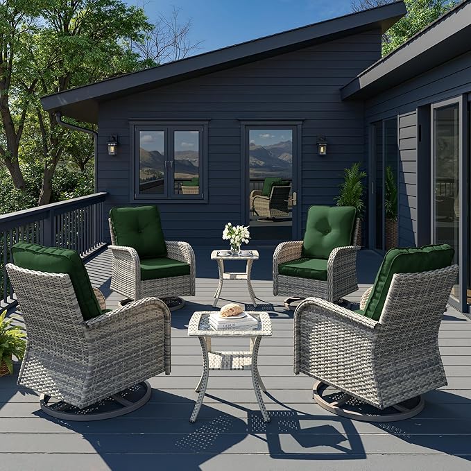 6-Piece Patio Rocking Swivel Chair Outdoor Wicker Rattan Bistro Set with Tempered Glass Side Table, Outdoor Patio Furniture Set for Garden, Deck, and Balcony, Green
