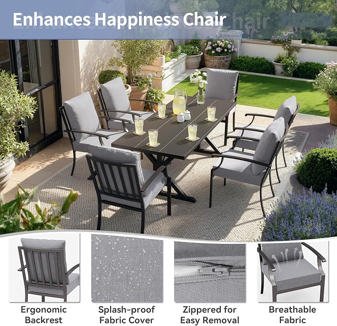 Kullavik 7 Pcs Outdoor Dining Set,Patio Dining Table and Chairs Set for 6,Fence Pattern Back Chairs with Thickened Cushions & X-Frame Metal Dining Table with Umbrella Hole for Patio,Grey