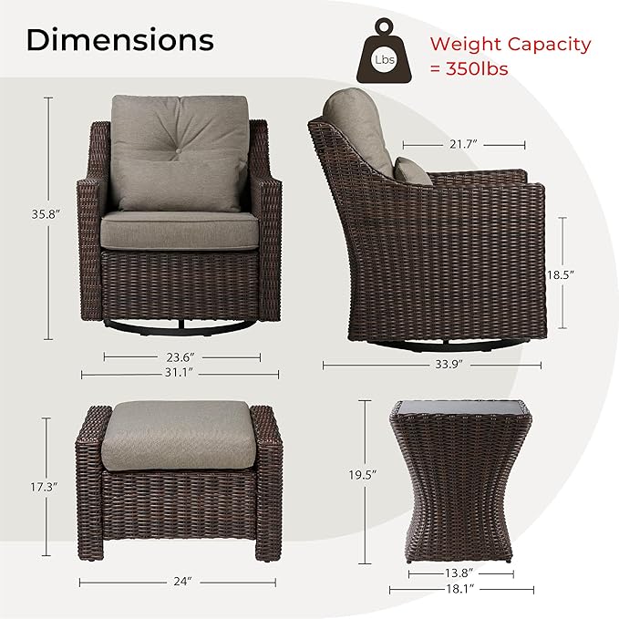 CHITA 5 Pieces Swivel Wicker Patio Furniture Set, Outdoor Conversation Set with 2 Pieces Rattan Rocking Swivel Chairs, 2 Pieces Ottomans, Thickened Cushions and Side Table
