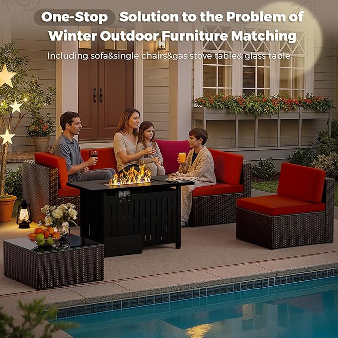 Flamaker 7 Pieces Patio Furniture Set with Fire Pit Table Outdoor Sectional Patio Sofa Furniture Set with Gas Fire Pit and Coffee Table & Ottoman Cushion Pillows, Red