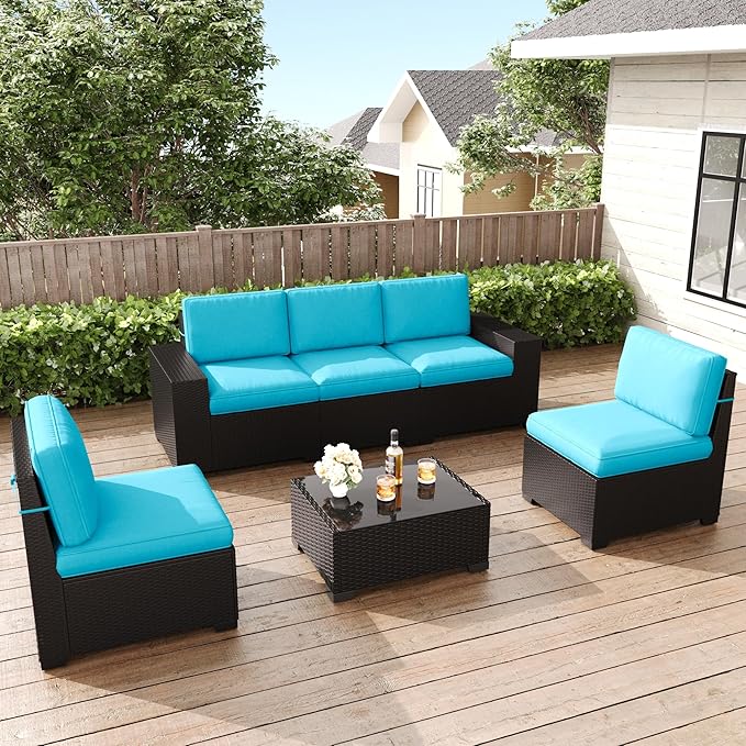 LayinSun 6 Pieces Patio Furniture Set, Black Rattan Modular Sectional Outdoor Conversation Sofa Set