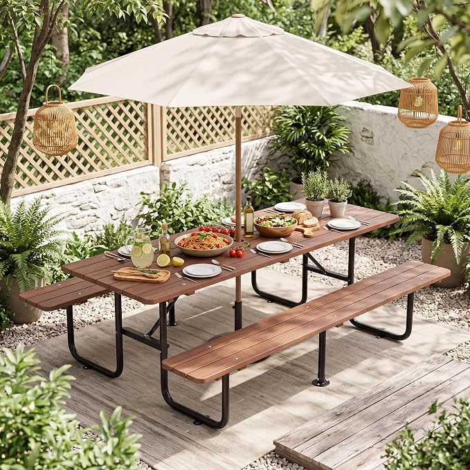 72 Inch Rectangular Outdoor Picnic Table for 6 Person, Heavy Duty Wooden Dining Set with Built-in Benches, 1.97 Inch Umbrella Hole, Waterproof and Corrosion Resistant