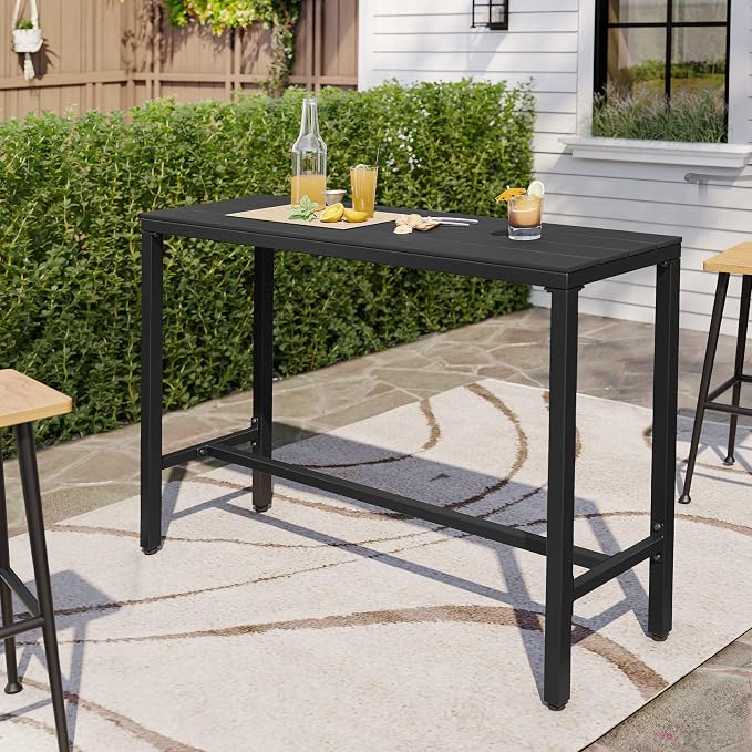 Outdoor Bar Table 55" All-Weather Patio Bar Table with Metal Frame and Waterproof Wood-Like Tabletop Outdoor Console Table for Balcony Yard Garden Bistro Hot Tub Use(Black)