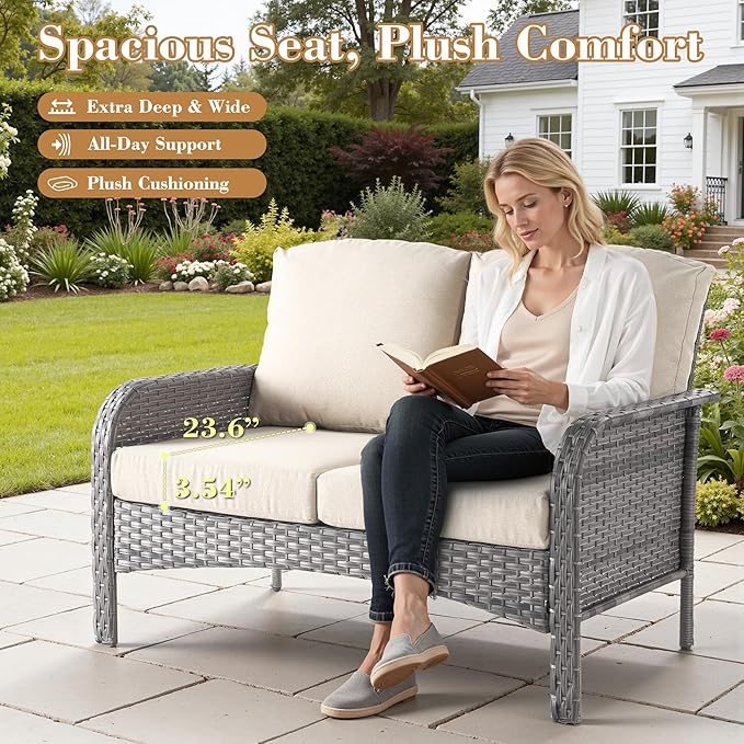 5 Pieces Patio Furniture Set, All Weather Rattan Patio Conversation Sets with Swivel Rocking Chairs, Coffee Table, High Back Outdoor Furniture Loveseat for Porch, Backyard,Beige