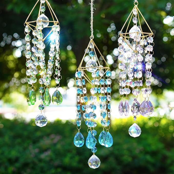 21.5'' Crystal Prisms Suncatchers for Window Hanging Rainbow Sun Catcher | Gold-Plated,Blue Dreams,Crystal Wind Chime,Sun Catcher With Crystals,Indoor Outdoor Decoration,Whimsical Decor,Gift For Women
