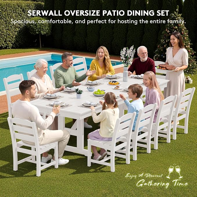 SERWALL 10 Piece Outdoor Dining Set with 15ft Triple-Head Foldable Umbrella(Based not Included), 84" HDPE Outdoor Table and Armless Chairs Set for 8, White