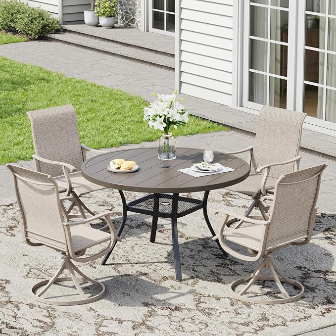 5 Pieces Patio Furniture Dining Set, 4 Textilene Swivel Dining Chairs, 41" Outdoor Round Metal Table with Storage Shelf and 1.57" Umbrella Hole, Outdoor Dining Set for Porch, Lawn, Grey/Sand