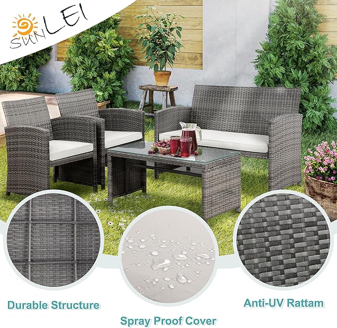 SUNLEI 4 Piece Outdoor Patio Furniture Set, Rattan Chair Wicker Conversation Set, Backyard Porch Garden Poolside Gray Rattan Sofa Chair with Cushion for Outdoor Indoor Use (White)