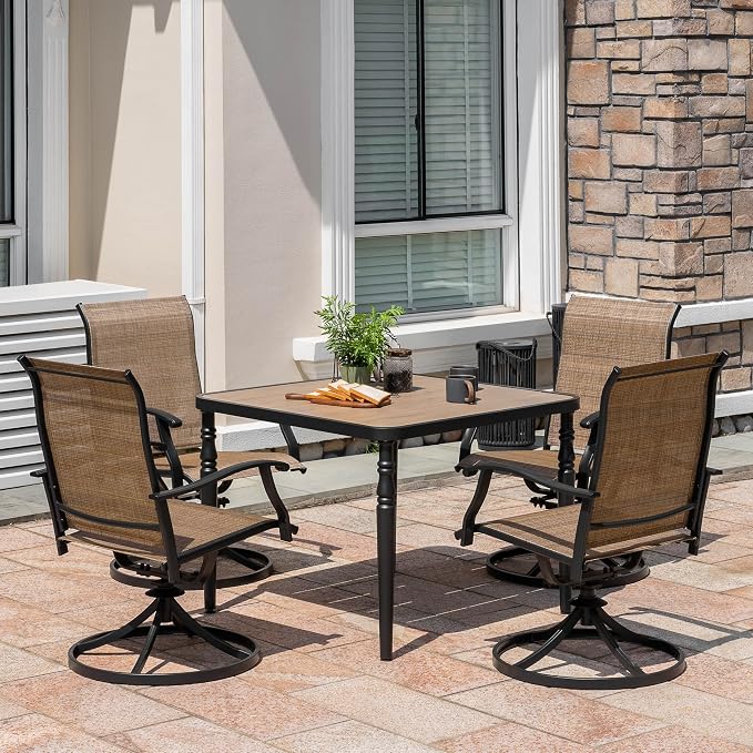NUU GARDEN 5-Patio Piece Outdoor Dining Set,4 Textilene Swivel Chairs & 37" Square Table with Umbrella Hole and Faux Wood Tabletop, Outdoor Furniture for Porch Backyard Garden Poolside Black Brown