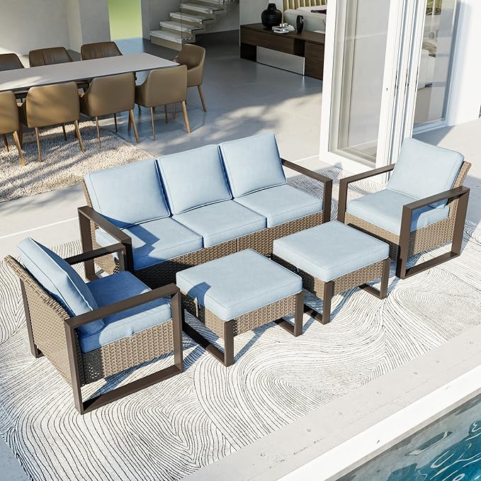 Outdoor Patio Furniture Set, 5 Piece Wicker Patio Conversation with Deep Seating, Thicken Cushions, Outdoor Club Chair, Metal Outdoor Furniture for Deck, Porch, Yard Use (Azure, 5 PCS/Chairs)