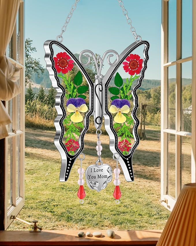 KY&BOSAM Butterfly Suncatcher I Love You Mom Gifts Window Hanging Decor | Wind Chimes,Metal,Pressed Flower ,Glass and Charm,Gifts for Mom Mother's Day Valentine's Birthday Thanksgiving Christmas