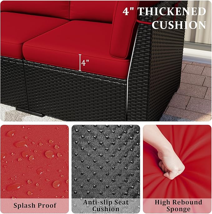 Patio Furniture Set, 7 Pieces Outdoor Sectional Sofa Set with Waterproof Cover, Black PE Wicker Rattan Slanted Back Outdoor Conversation Set with Cushions and Glass Coffee Table, Wine red