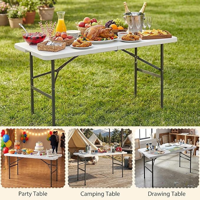 Folding Event Table, Heavy Duty Picnic Table Indoor Outdoor Camping, 4FT Portable w Handle Lock for Banquet, White