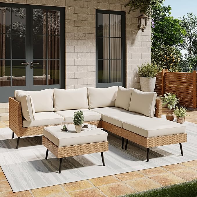 LAUSAINT HOME 6 Pieces Outdoor Sectional Sofa Set, All-Weather PE Rattan Conversation Set with Thick Cushions for Patio, Garden, Backyard, Beige