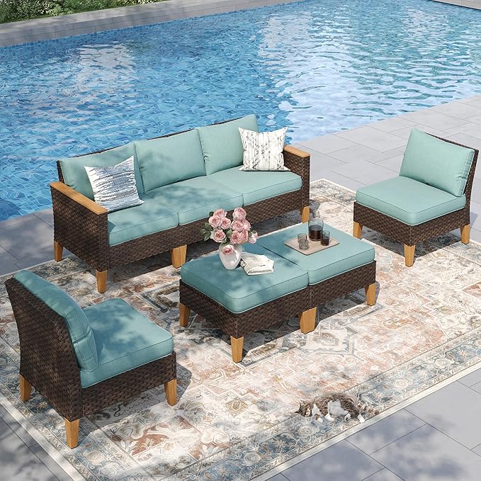 PHI VILLA 7-Piece Wicker Patio Furniture Set, Rattan Outdoor Sectional Furniture Set for 7 Seats with Cushioned 3 x Armrest Chair, 2 x Ottoman and 2 x Armless Sofa, Aqua Blue