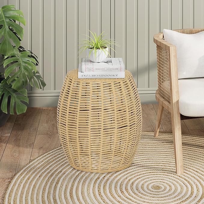 ABBLE Patio Resin Wicker Side Table Yellow Barrel End Table Metal Frame Storage Basket Indoor Outdoor Use, Natural