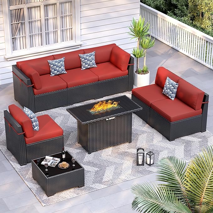 8 Piece Patio Furniture Set with 44” Fire Pit Table All-Weather Wicker Conversation Sectional Sofa & Coffee Table with Thickened Cushions for Backyard, Garden(Wine Red)