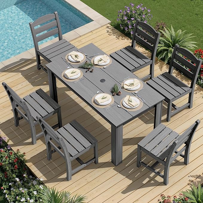 SERWALL Outdoor Dining Sets for 4, HDPE Dining Sets for 4 Person with 1 Umbrella Hole Cut-Out Rectangular Table and 4 Armless Chairs, Patio Dining Sets for Garden, Backyard, Poolside, Gray