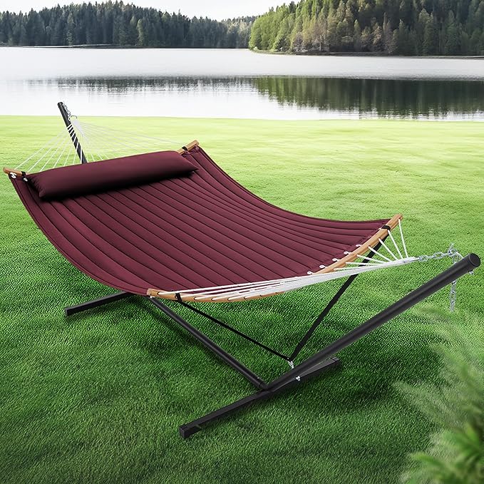 SUPERJARE Curved-Bar Hammock with Stand, 2 Person Heavy Duty Hammock Frame, Detachable Pillow & Portable Carrying Bag, Perfect for Outdoor & Indoor, Burgundy