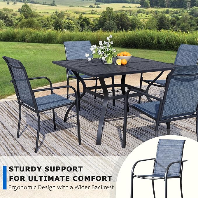 5-Piece Outdoor Dining Set, Square Metal Table with Light Blue Chairs, Black Patio Table with Umbrella Hole for Garden, Yard, Patio