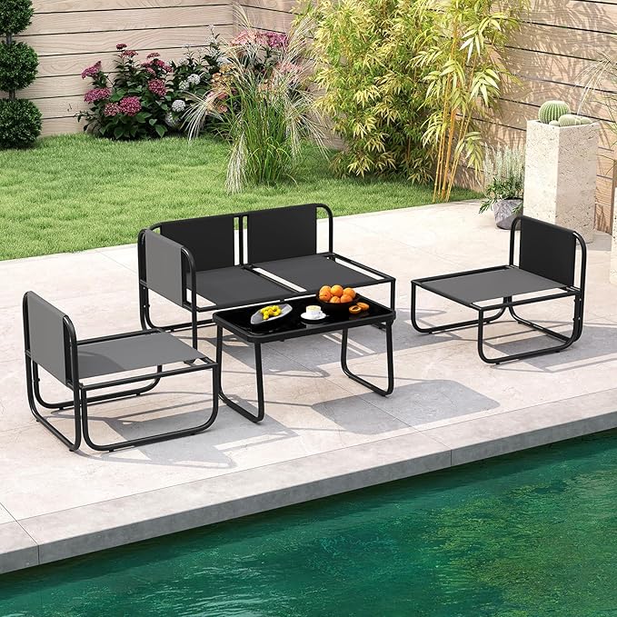 Tangkula 4 Pieces L Shaped Patio Furniture Set, Outdoor Metal Sectional Sofa Couch with Cushions and Tempered Glass Coffee Table, Outside Conversation Set for Garden, Deck and Yard (Gray,2)