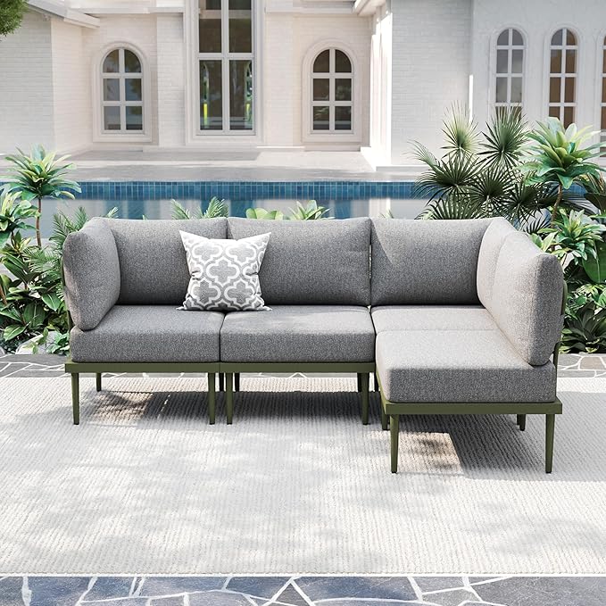 Metal Patio Furniture Set, 4 Pieces Outdoor Sectional Sofa Sets with 6" Thick Cushion, All Weather Modular Outdoor Corner Sofa Set for Balcony, Patio & Courtyard (Gray,Green)