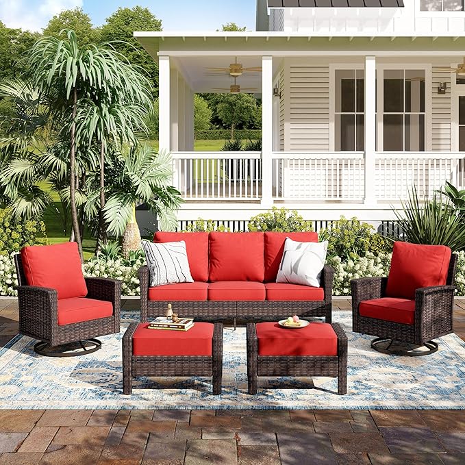 5-Piece Wicker Patio Furniture Set, High Back Outdoor Swivel Chairs with Comfy Ottoman, 5.5-inch Thick Cushion, All-Weather Wicker Patio Conversation Set for Deck Yard Pool, Red