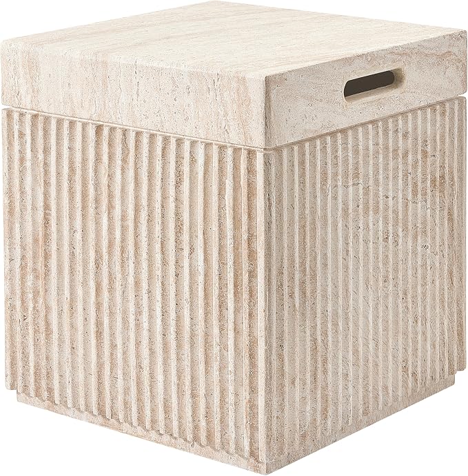 Christopher Knight Home Livia 20.28" Tall Outdoor Square Accent Side Tables Set of 6, Patio Decorative End Tables with Fluted Design, MGO Garden Stool for Patio Balcony & Garden Decor, Travertine