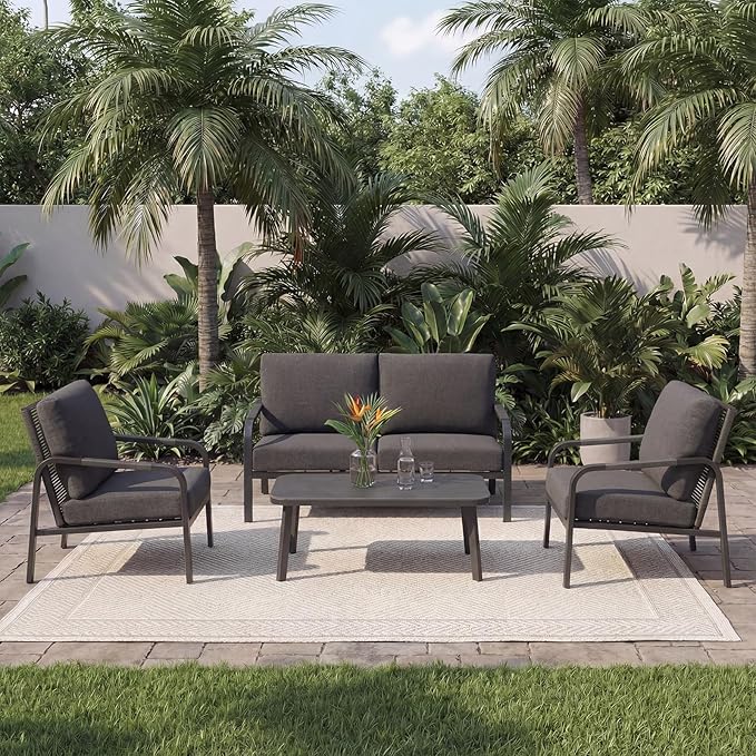 Aluminum Patio Furniture Set, 4 Pieces Outdoor Patio Furniture with Coffee Table Set, Metal Patio Conversation Sets with Washable and High-Resiliency Sponge Cushions,Brown&Beige