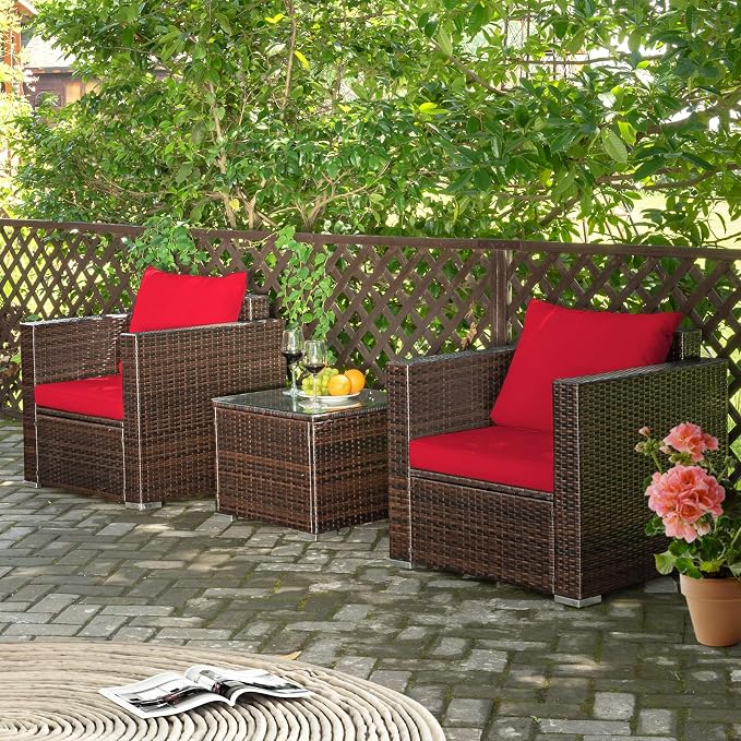 Patio Conversation Set Outdoor, 3-Piece Rattan Wicker Furniture Set with Water-Resistant Cushion & Tempered Glass Tabletop, Patio Furniture Set for Balcony, Porch, Poolside (Red)