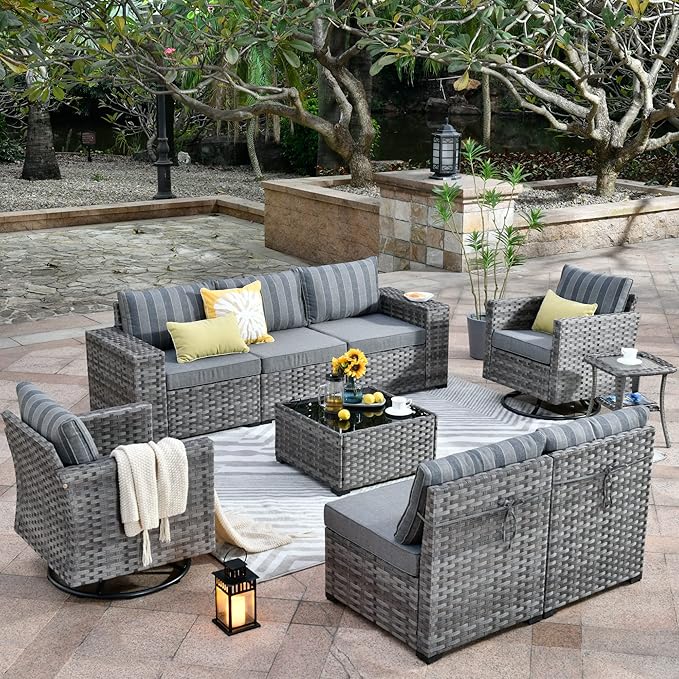 HOOOWOOO Outdoor Patio Sectional Furniture Sofa Set with Swivel Rocking Chairs,9 Piece Modern Wicker Couch with Widened Armrest,Modular Conversation Seating Set for Garden(Grey Strips)