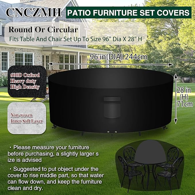 Heavy Duty Patio Furniture Covers Waterproof, 600D Round Outdoor Furniture Cover Waterproof for Sectional Sofa Couch, Outdoor Dining Table and Chair Set Covers 96"DIA x 28"H, Black