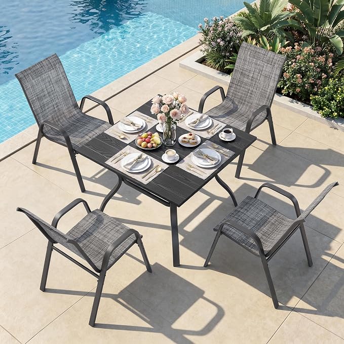 Outdoor Patio Dining Set for 4, 5 Pieces Patio Table and Chairs Set with Umbrella Hole, 37.8"x 37.8" Square Metal Wood-Grain Dining Table Set with 4 Stackable Patio Chairs for Deck , Backyard, Porch
