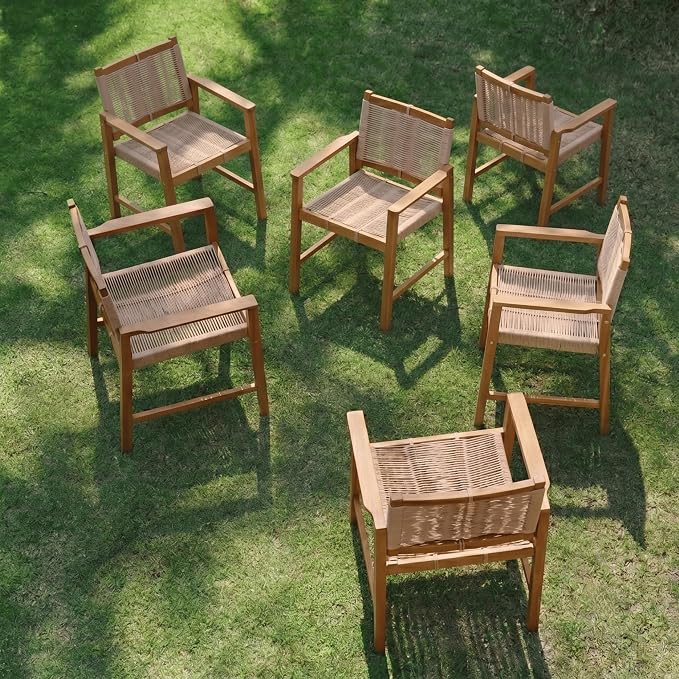 NTC Luno 6 Pieces Solid Wood Lounge Armchairs with Handwoven Rope Seat & Back, Indoor & Outdoor Wooden Chairs for Patio Dining Sets, Modern Patio Lounge Chairs, Easy Assembly, Natural