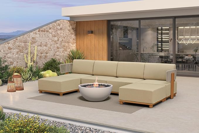 PURPLE LEAF Patio Furniture Set Modular U-Shaped Outdoor Sectional Sofa with 11" Thick Olefin Cushion 6-Piece Outdoor Conversation Set w/Coffee Lights & Ottomans for Backyard Garden Poolside, Beige