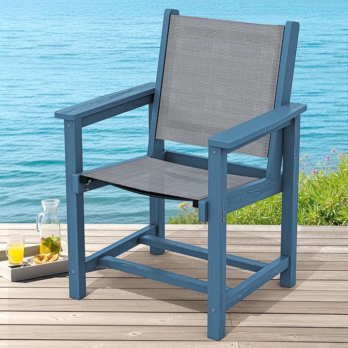 SERWALL Outdoor Dining Chairs Set of 2, All-Weather HDPE Textilene Sling Dining Chair for Backyard, Garden, Blue