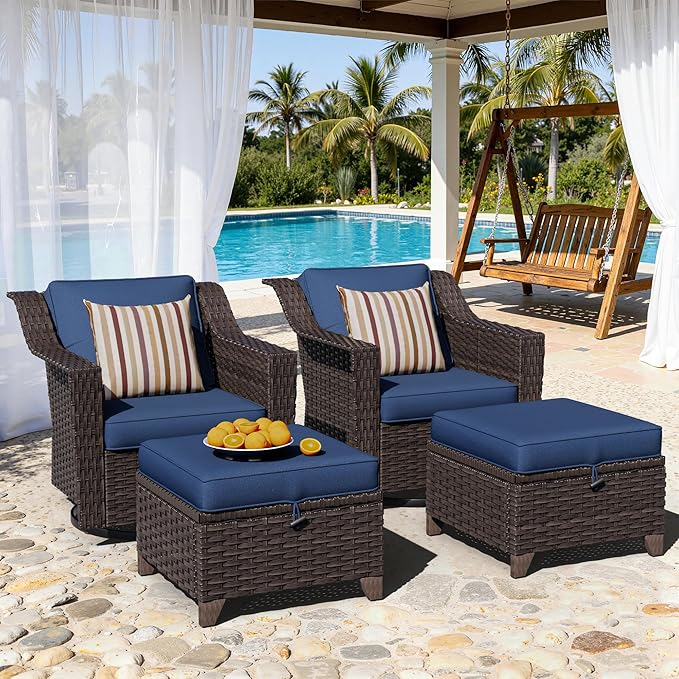 4 Pieces Patio Conversation Furniture Set - 2 Swivel Chairs, 2 Ottomans, Outdoor Wicker Furniture with Removable Cushions for Porch, Balcony, Sunroom (Blue)