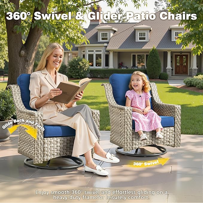 6-Piece Patio Furniture Set, Outdoor Conversation Set Sectional Sofa with Rocking Chairs and Water Resistant Cushions, Blue