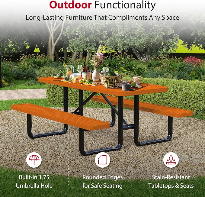Leisure Craft Metal Picnic Table with Bench - 6 ft Rectangle Outdoor Dining Table for 6, Umbrella Hole, Weatherproof Heavy Duty Thermoplastic Coating, Commercial Grade Furniture Made in USA - Orange