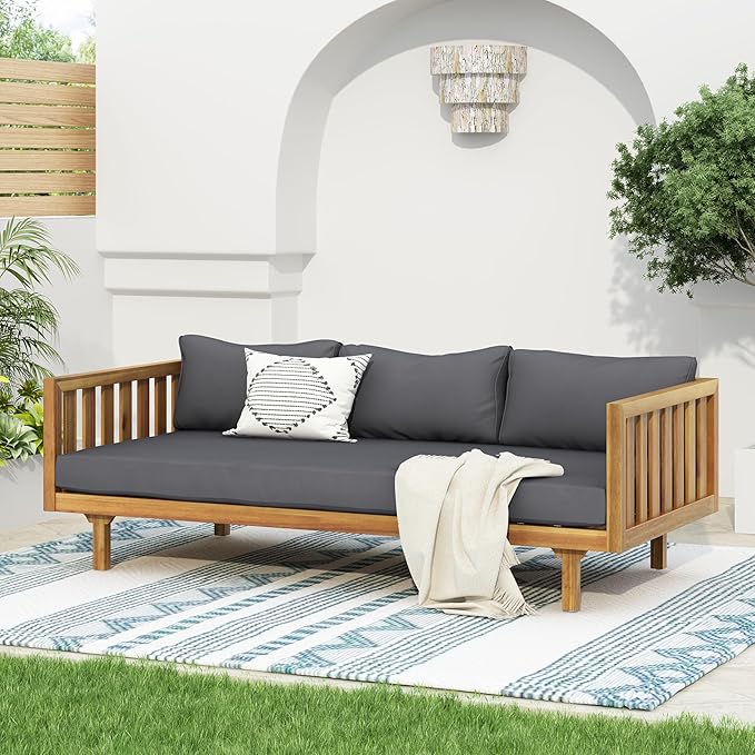 Merax Outdoor Acacia Wood Conversation Set - Patio 3-Seat Loveseat Sofa w/Coushion and Round Coffee Table for Backyard, Lawn, Balcony, Teak+Dark Gray/Light Teak