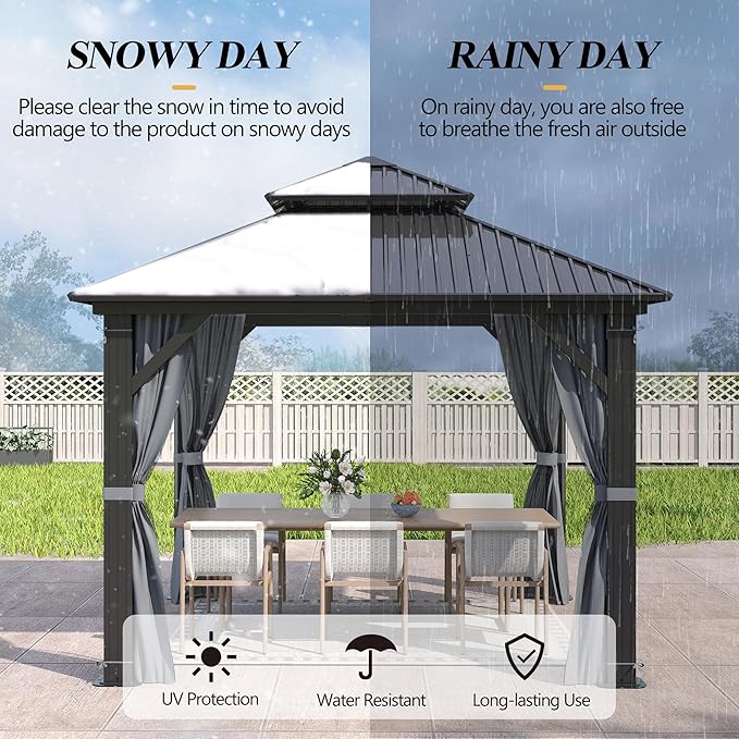 GARTOO 10'x10' Outdoor Hardtop Gazebo with Double Roof - Heavy-Duty Steel Top Aluminum Frame Gazebo with Solar LED Light, Breathable Netting & Privacy Curtain for Patio, Porch, Garden, Backyard