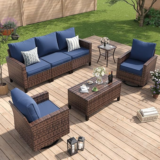 Amopatio Patio Furniture Set, 5-Piece Wicker Outdoor Sectional Sofa with Swivel Rocker Chairs, Rattan Conversation Set with Storage Coffee Table and Waterproof Cover for Backyard Brown/Navy