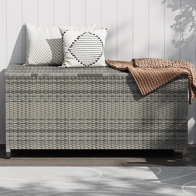125-Gallon Outdoor Deck Box with Wheels, Waterproof PE Rattan & Aluminum Frame Storage Bin, Lockable Patio Furniture Chest for Cushions, Garden Tools, Pool Toys, Gray